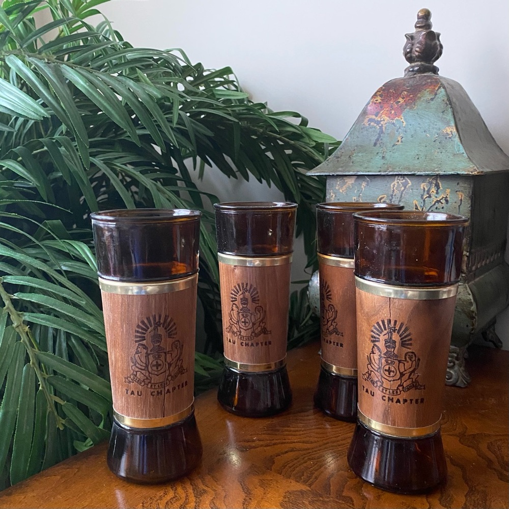 Vintage Siesta Ware Amber Glass Tumblers Featuring Genuine Walnut Wood Sleeves